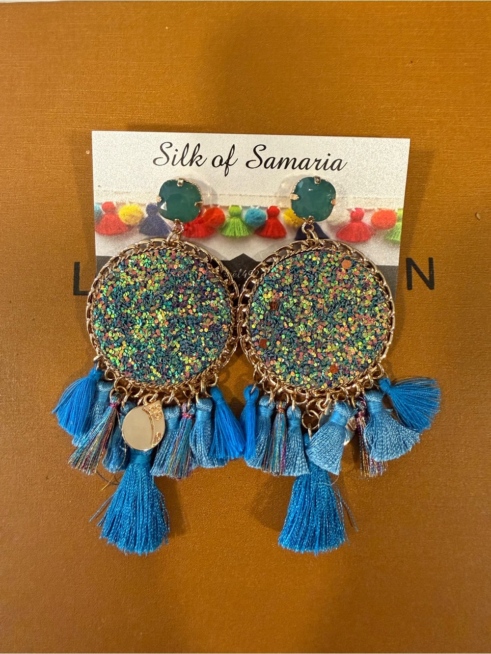 Silk of Samaria Blue Tassel Glitter Statement Earrings